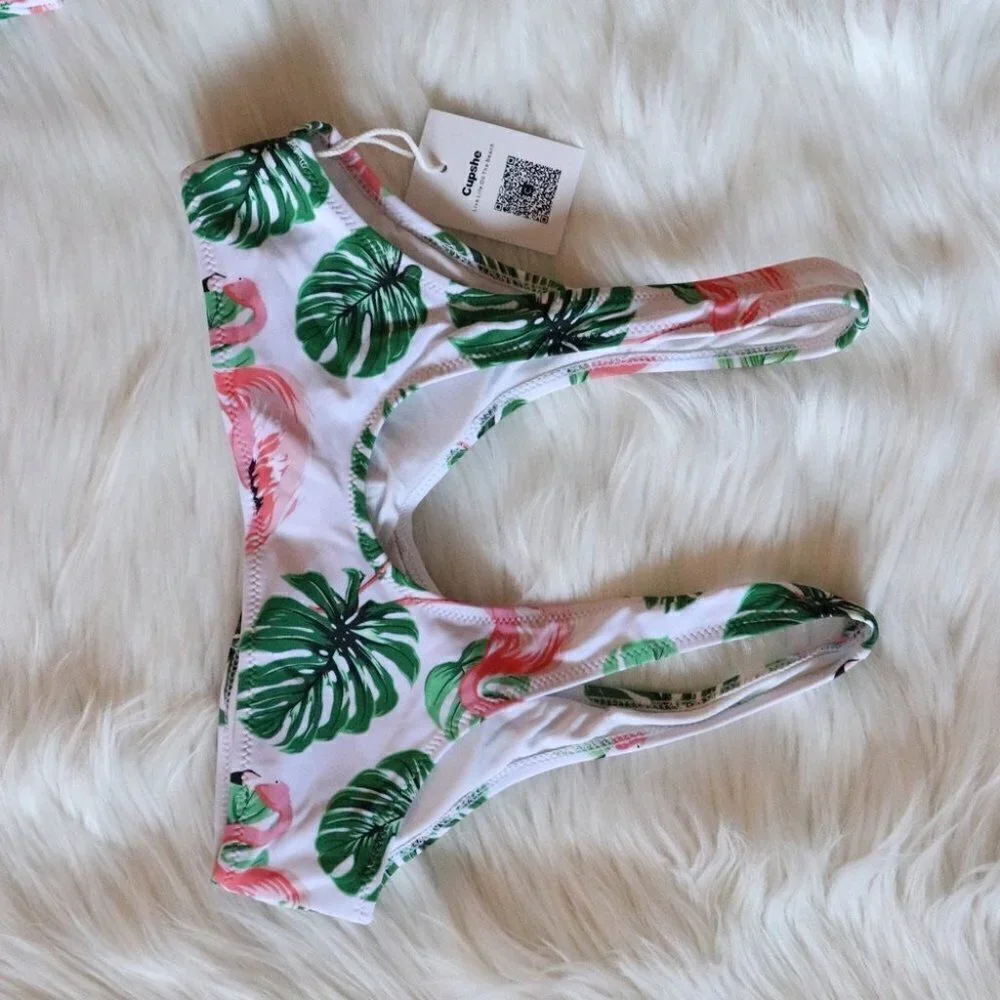 NEW White Green Flamingo Monstera Bikini Swim Set Size Small - Picture 5 of 10